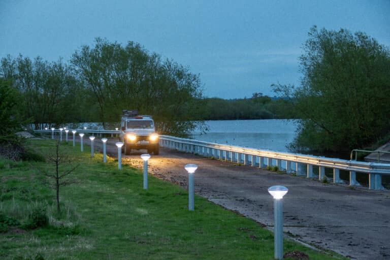ST solar bollard installed roadside night