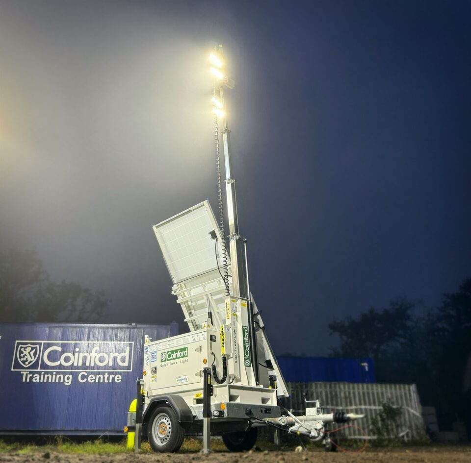 Coinford & Prolectric Sign Solar Lighting Tower Partnership Agreement Coinford bespoke ProRXM Solar Tower Light from Prolectric Services